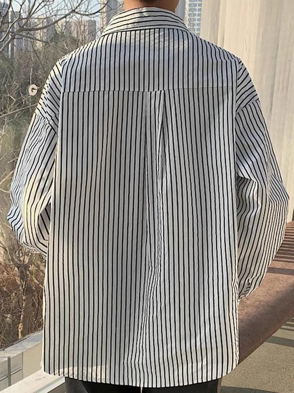 Men's Striped Print Button Front Plicated Shirt, Loose Casual Comfy Drop Shoulder Long Sleeve Collared Top for Daily Wear, Men's Clothes for All Seasons