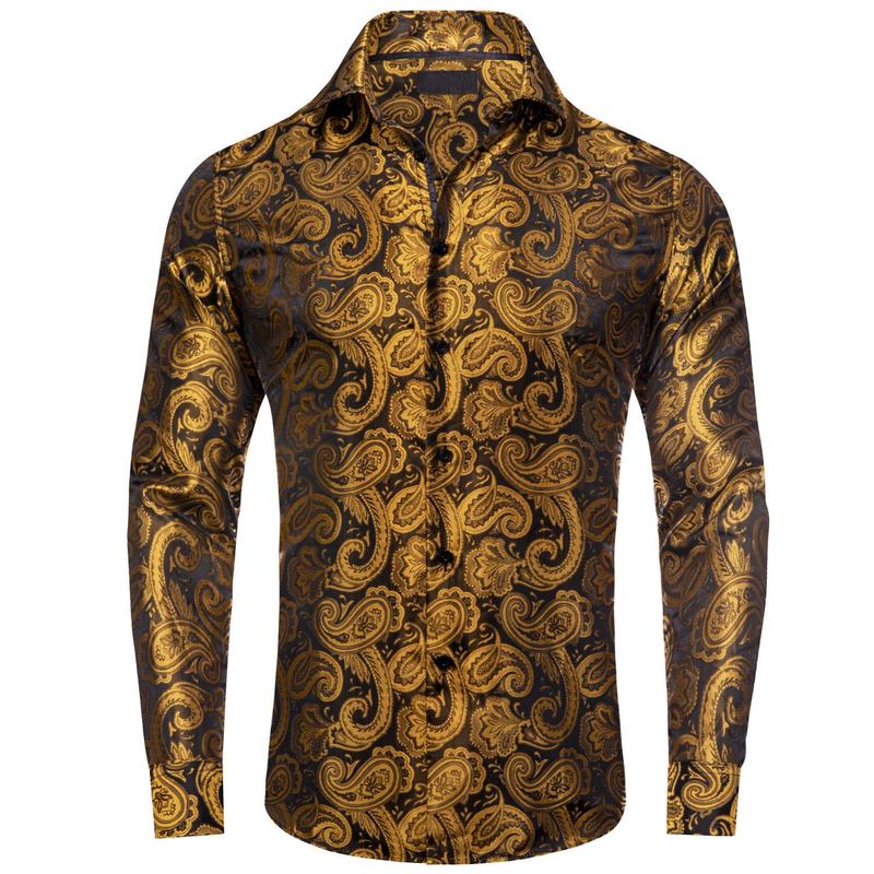 Mens Long Sleeve Black Golden Shirts Jacquard Paisley Top Casual Classic Collar Menswear Elastic Polyester men s Longsleeves Wetsuit