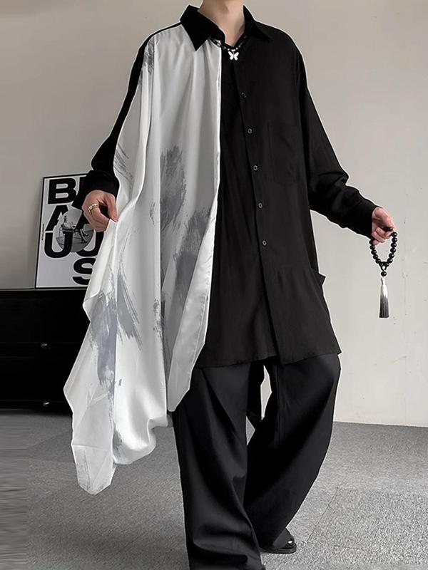 Men's Colorblock Patchwork Button Front Asymmetrical Draped Shirt, Loose Casual Fashion Long Sleeve Collared Top for Spring & Fall, Men's Clothes for Daily Wear