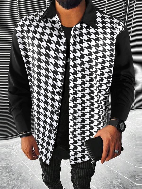  Houndstooth Print Button Shirts, Regular Fit Casual Long Sleeve Collared Top for Spring & Fall, Men's Clothes for Daily Wear