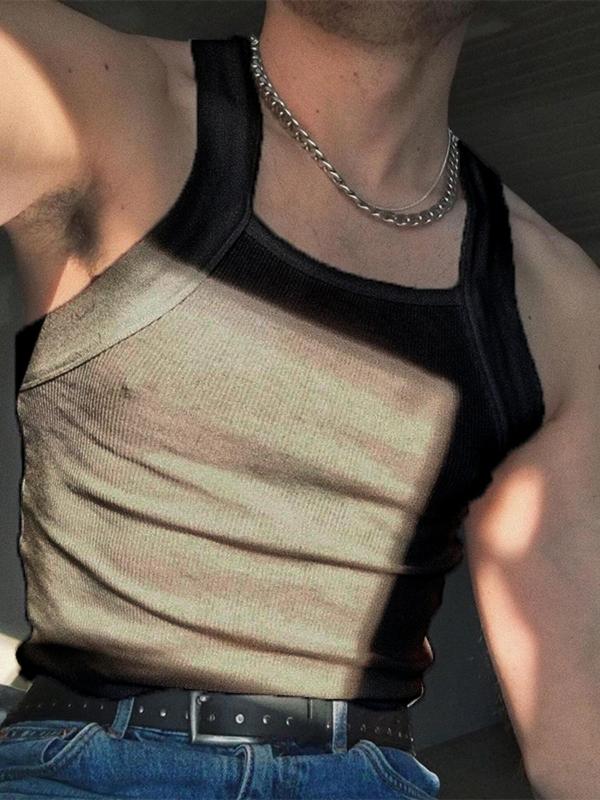 Men's Solid Square Neck Tank Top, Slim Casual Sleeveless Top for Summer, Men's Clothing for Daily Wear