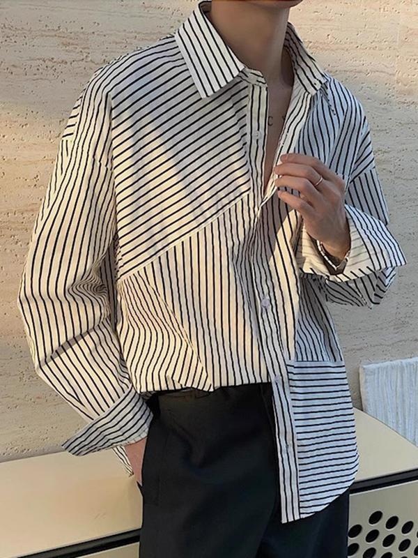 Men's Striped Print Button Front Plicated Shirt, Loose Casual Comfy Drop Shoulder Long Sleeve Collared Top for Daily Wear, Men's Clothes for All Seasons