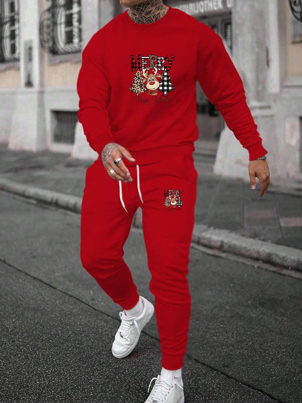 Men's Christmas Deer Print Sweatshirt & Drawstring Waist Sweatpants Set, Regular Fit Casual Long Sleeve Pullover & Pocket Jogger Pants, Men's Spring & Fall Clothes