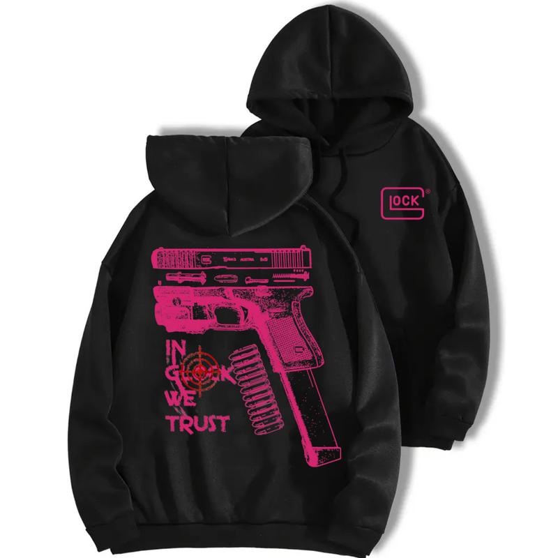 In Glock We Trust Standard size Black Hoodie with Multicolor Design for Men and Women - Classic Fit - Menswear