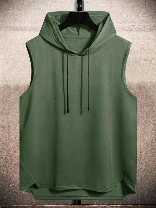 Men's Plain Drawstring High Low Hem Hooded Tank Top, Summer Tank Tops Outfits 2024, Sleeveless Hoodie, Streetwear Regular Fit Casual Sleeveless Vest, Going Out Top