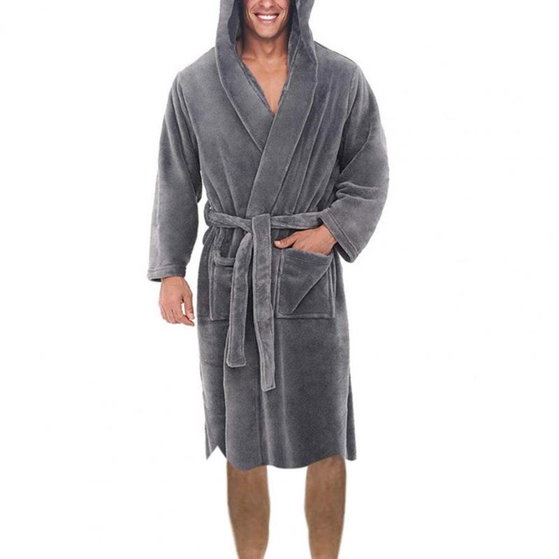 Men Soft Coral Fleece Nightgown Plus Size Men Flannel Robe Sleepwear Thick Warm Long Bathrobe Nightgown Fleece Long Bath Robe