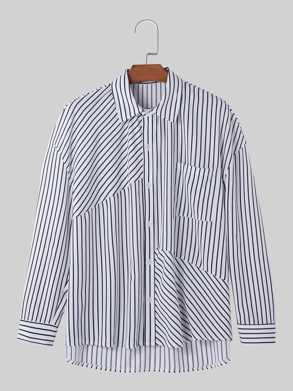 Men's Striped Print Button Front Plicated Shirt, Loose Casual Comfy Drop Shoulder Long Sleeve Collared Top for Daily Wear, Men's Clothes for All Seasons