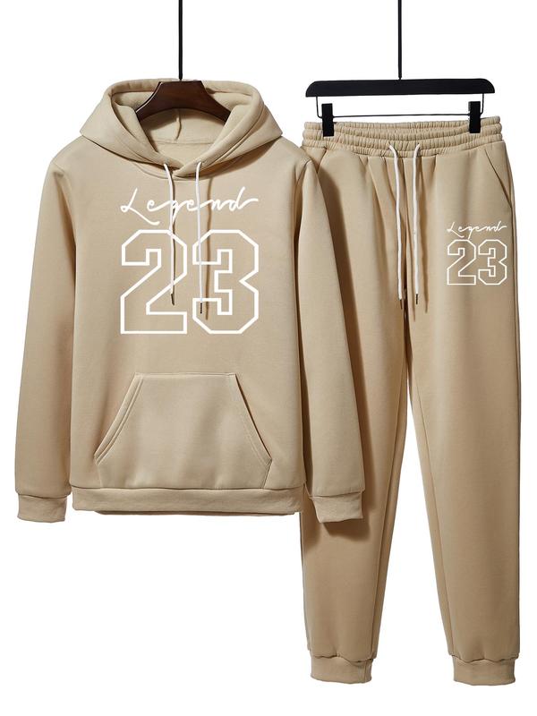 Two-Piece Set Men's Number Graphic Drawstring Pocket Hoodie & Sweatpants Set, Regular Fit Casual Long Sleeve Hooded Pullover & Elastic Waist Pants, Men's Fall & Winter Clothes