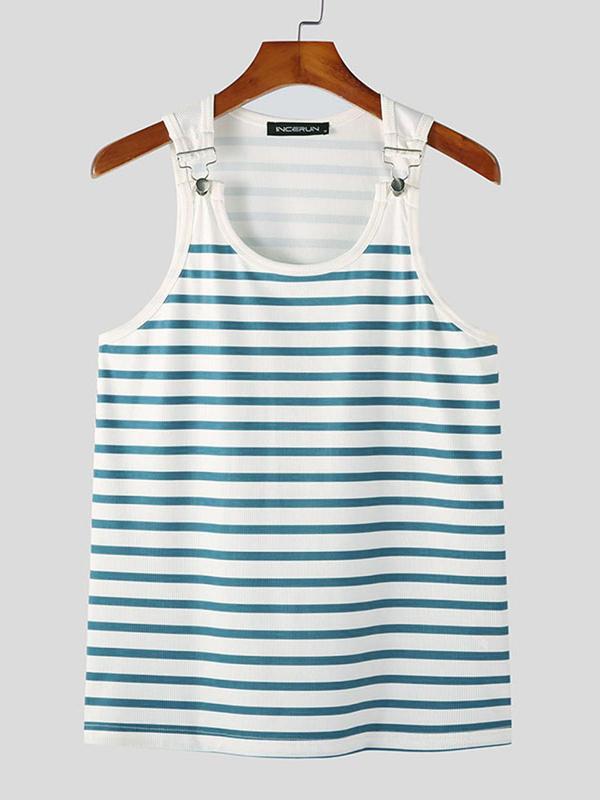 Men's Striped Print Buckle Front Round Neck Tank Top, Casual Slim Sleeveless Vest for Summer, Fashion Men's Top for Daily Wear