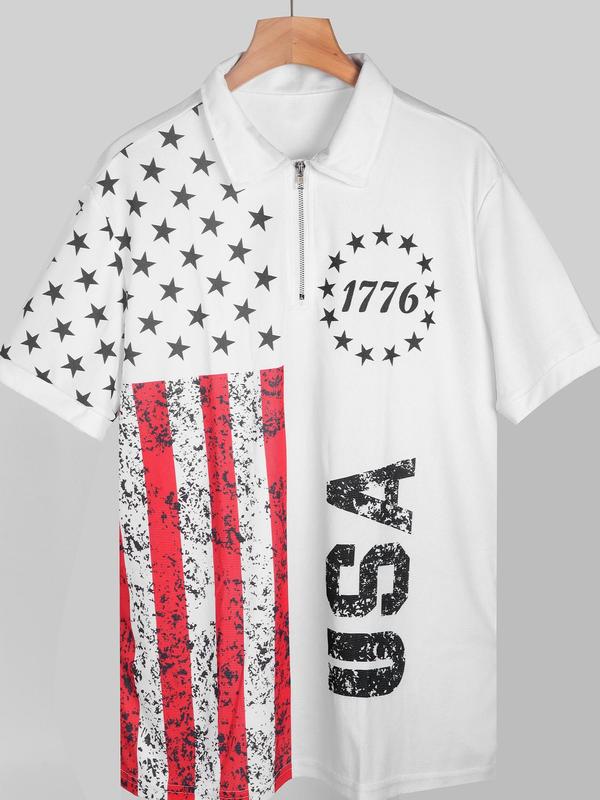 Men's American Flag & Letter Print Zipper Polo Shirt, Regular Fit Casual Short Sleeve Top for Summer, Men's Clothes for Daily Wear