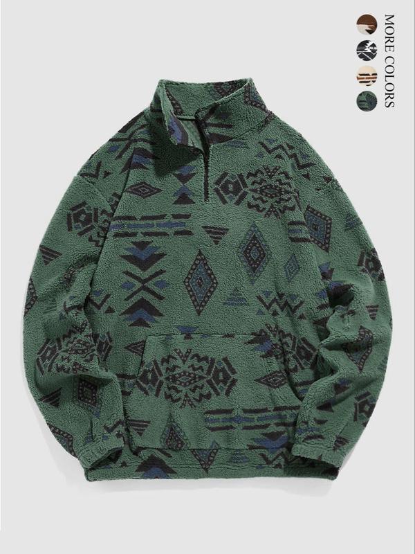 Men's Ethnic Pattern Zip Up Plush Sweatshirt, Casual Long Sleeve Drawstring Sweatshirt for Fall & Winter, Men's Clothes for Daily Wear