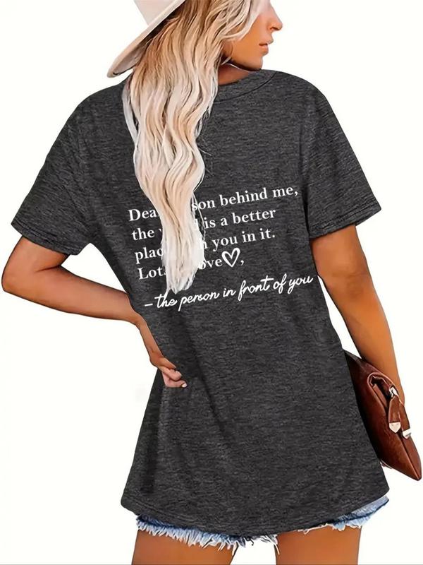 Letter & Heart Print Round Neck Back To School Tee, Summer Slogan Graphic Crew Neck T-shirt for Holiday, Summer Outfits 2024, Tees Shirts Clothing, Going Out Tops for Summer