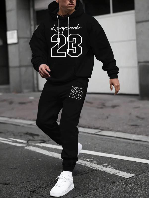 Two-Piece Set Men's Number Graphic Drawstring Pocket Hoodie & Sweatpants Set, Regular Fit Casual Long Sleeve Hooded Pullover & Elastic Waist Pants, Men's Fall & Winter Clothes