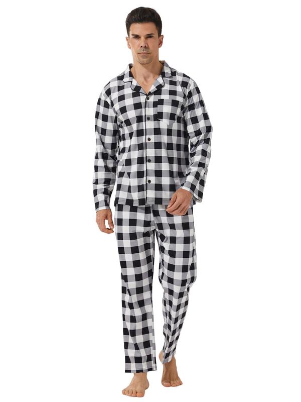 Men's Plaid Print Button Front Pocket Lapel Shirt & Elastic Waist Pants Loungewear Two-piece Set, Regular Fit Casual Comfy Long Sleeve Top & Trousers Pj Set, Men's Sleepwear for Spring & Fall