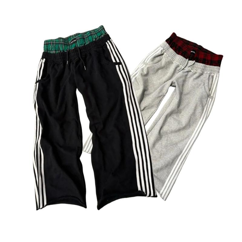 New Product Carnival]Casual Sweatpants Side Three Bars Splicing Plaid Comfortable Loose Wide Leg Straight Sweatpants Street Tide Menswear Man Trouser Tractor Striped Stripe