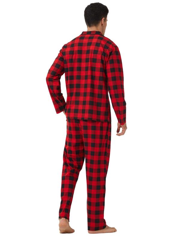 Men's Plaid Print Button Front Pocket Lapel Shirt & Elastic Waist Pants Loungewear Two-piece Set, Regular Fit Casual Comfy Long Sleeve Top & Trousers Pj Set, Men's Sleepwear for Spring & Fall