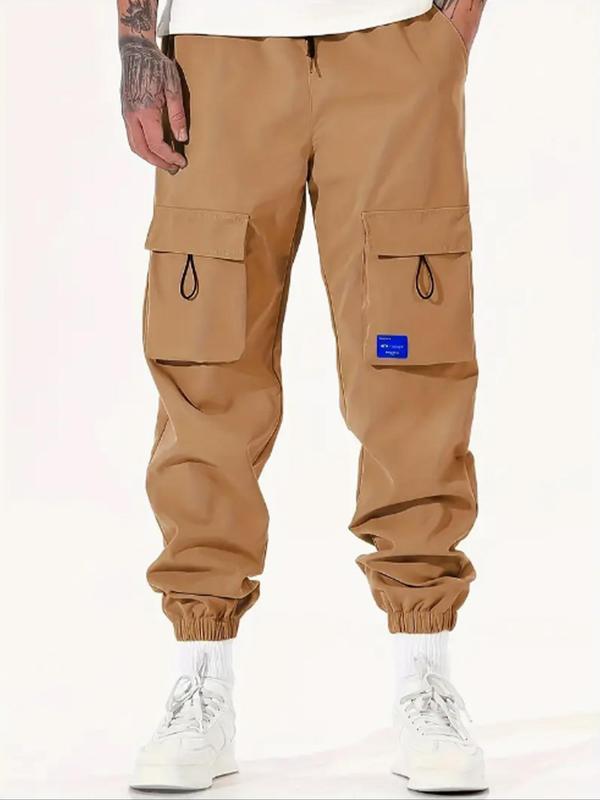 Men's Letter Patch Pocket Drawstring Waist Cargo Pants, Regular Fit Casual Trousers for Spring & Fall, Men's Bottoms for Daily Wear