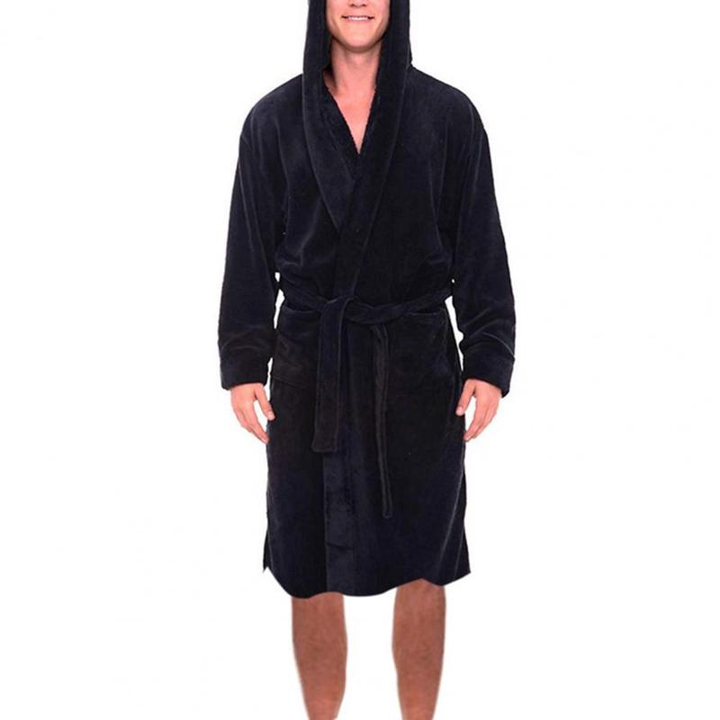 Men Soft Coral Fleece Nightgown Plus Size Men Flannel Robe Sleepwear Thick Warm Long Bathrobe Nightgown Fleece Long Bath Robe