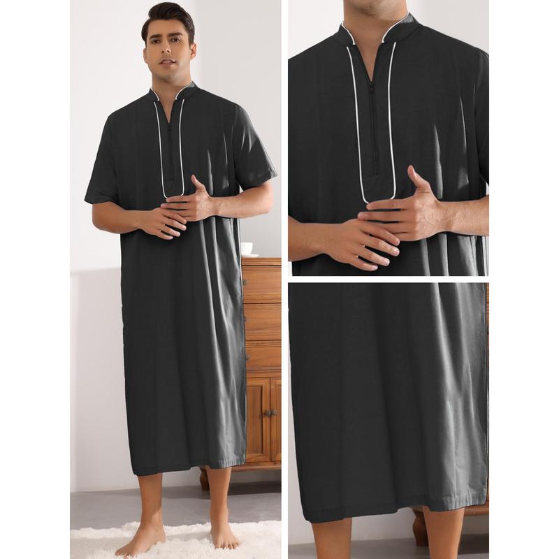 Lars Amadeus Nightgown for Men's Loose Fit Short Sleeves Stand Collar Zipper Long Nightshirts Black