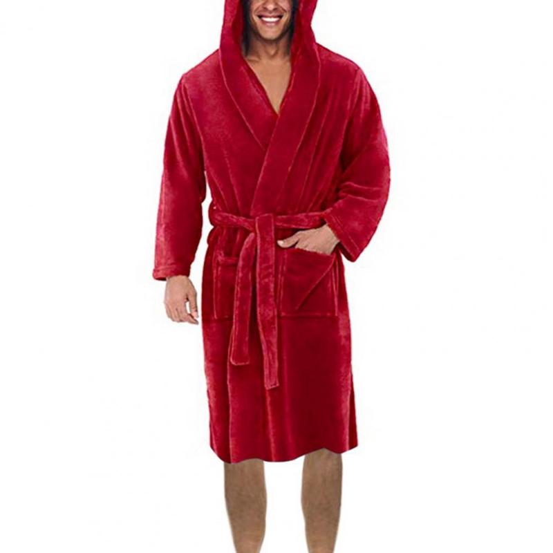 Men Soft Coral Fleece Nightgown Plus Size Men Flannel Robe Sleepwear Thick Warm Long Bathrobe Nightgown Fleece Long Bath Robe