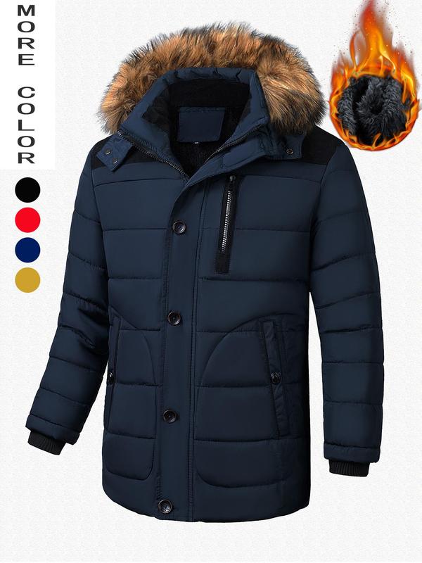 Men's Contrast Faux Fur Trim Hooded Coat, Regular Fit Casual Long Sleeve Button Front Outerwear for Winter, Men's Clothes for Daily Wear