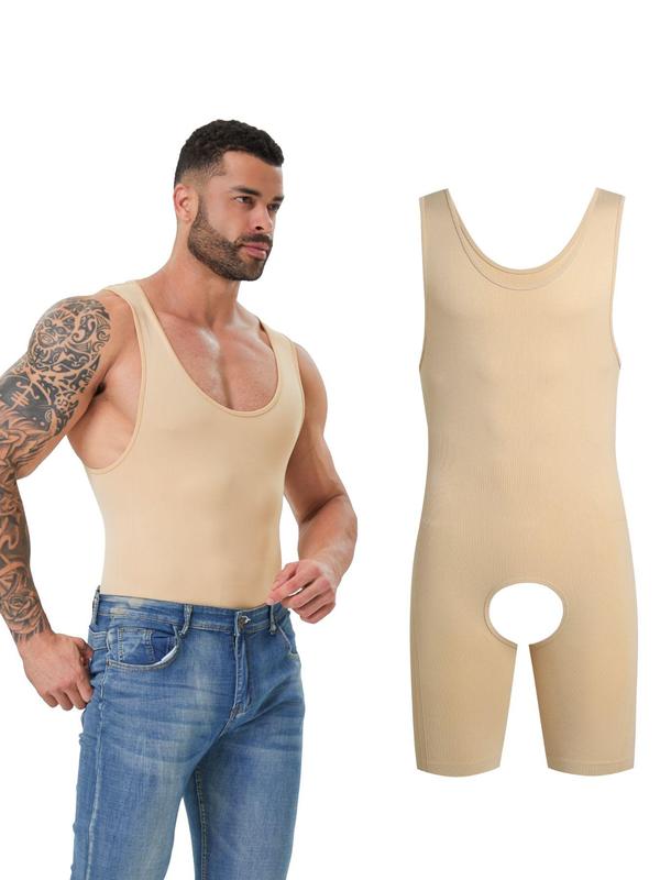 Men's Solid Open Crotch Design Scoop Neck Shapewear Tank Romper, Casual High Stretch Tummy Control Sleeveless Shaper, Tummy Tuck Shaper, Men's Shapewear for All Seasons