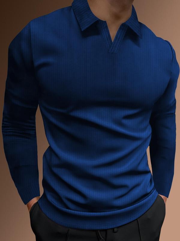 Men's Solid Long Sleeve Polo Shirt, Regular Fit Casual Comfortable Top for Spring & Fall, Men's Clothing for Daily Wear