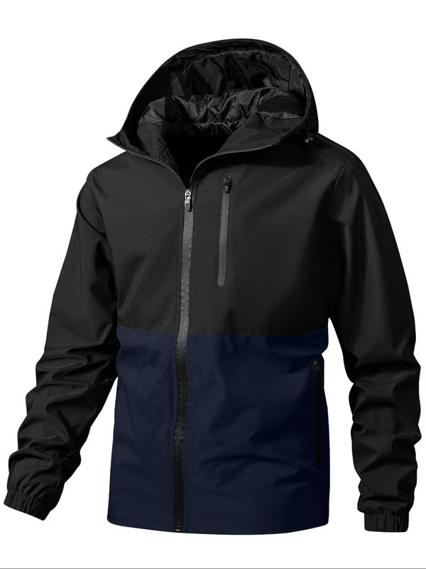 Men's Regular Fit Colorblock Zip Up Hooded Jacket, Casual Sporty Windproof Waterproof Long Sleeve Outerwear for Outdoor Windbreaker Clothes, Winter Jackets