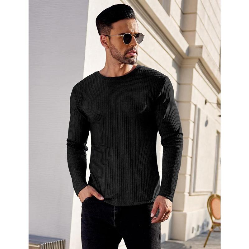 Men's Long Sleeve Shirts Ribbed Pullover Sweater Sim Fit Thermal Tops Crew Neck Stretchy Undershirts S-XXL