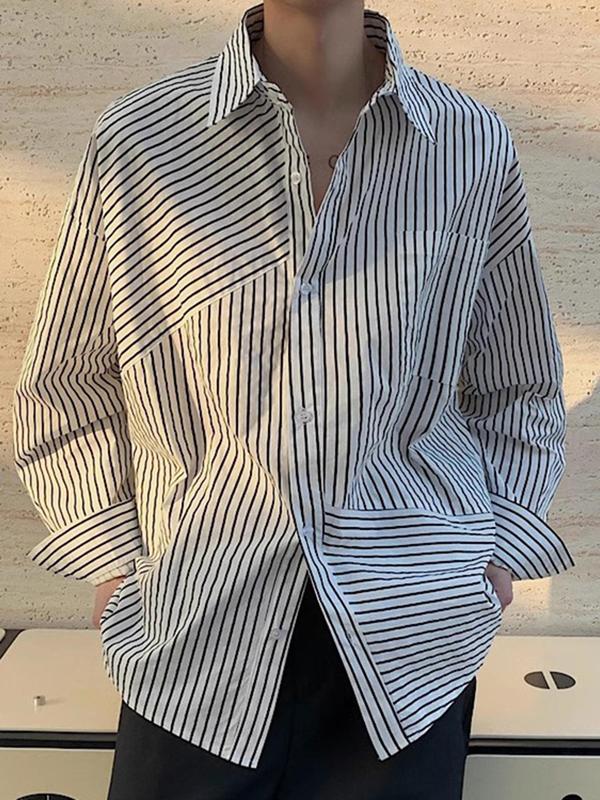 Men's Striped Print Button Front Plicated Shirt, Loose Casual Comfy Drop Shoulder Long Sleeve Collared Top for Daily Wear, Men's Clothes for All Seasons