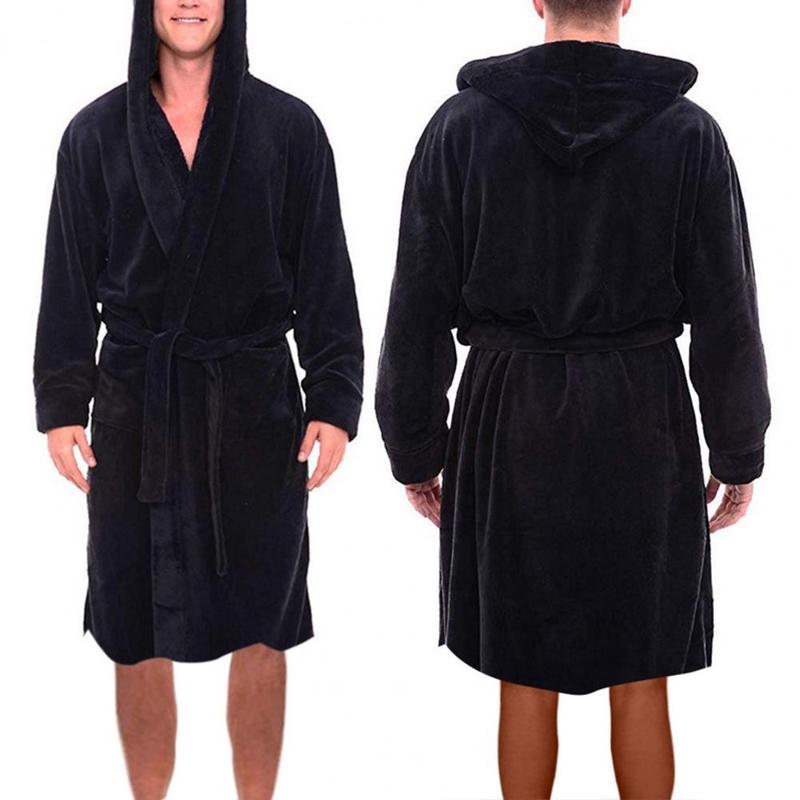 Men Soft Coral Fleece Nightgown Plus Size Men Flannel Robe Sleepwear Thick Warm Long Bathrobe Nightgown Fleece Long Bath Robe