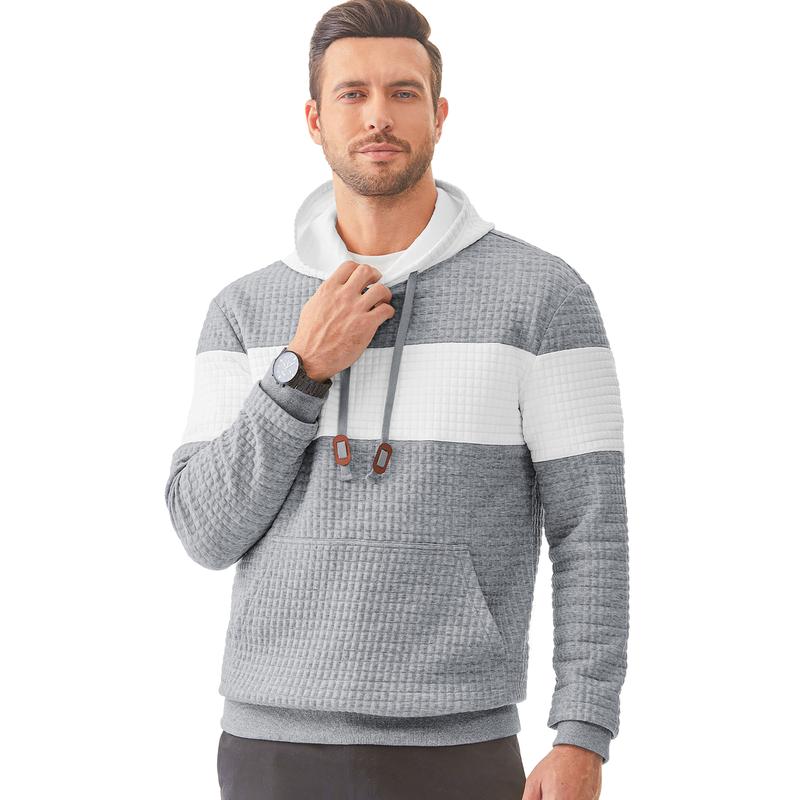 JMIERR Mens Hooded Sweatshirt Lightweight Waffle Casual Long Sleeve Drawstring Color Block Knit Pullover with Kanga Pocket,Men's clothing for Daily Wear,Spring & Fall & Winter Fashion Outfits 2024