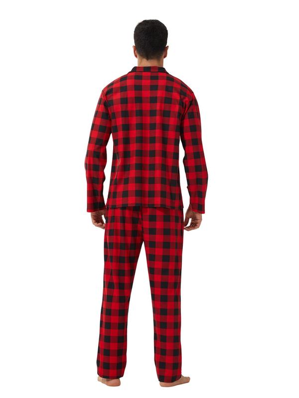 Two-Piece Set Men's Plaid Print Button Front Pajama Set, Casual Comfy Long Sleeve Lapel Neck Pocket Shirt & Elastic Waist Pants PJ Set, Men's Sleepwear for Fall & Winter