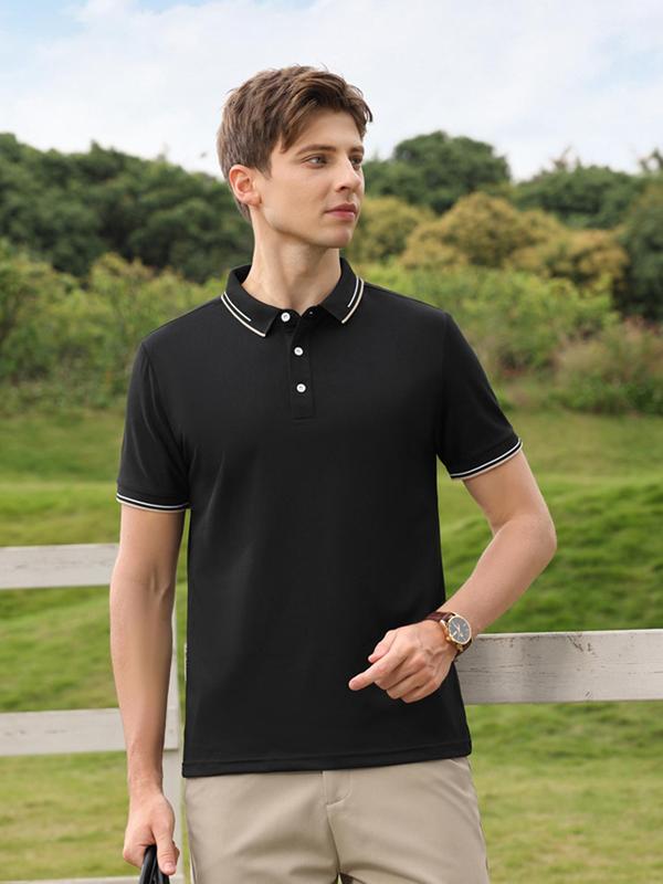 Sporty Men's Striped Trim Short Sleeve Sports Polo Shirt, Regular Fit Sports Half Button Collared Top for Summer, Men's Outdoor Clothes for Daily Wear