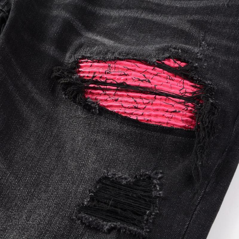 Men's Distressed High Street Black Slim Fit Stretch Pink Paisley Bandanna Patches Holes Ripped Jeans