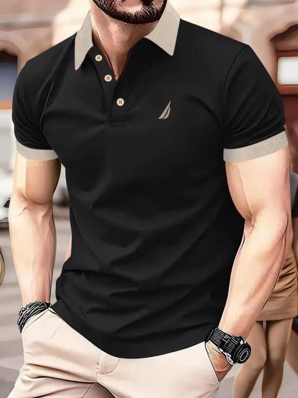 Men's Regular Fit Geometric Print Short Sleeve Polo Shirt, Casual Button Front Collared Top for Summer, Fashion Men's Clothes for Daily Wear