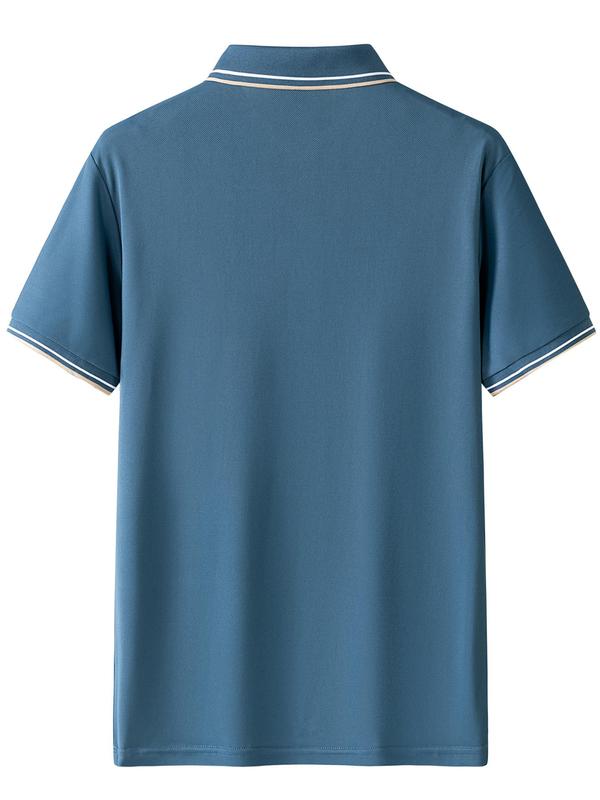 Sporty Men's Striped Trim Short Sleeve Sports Polo Shirt, Regular Fit Sports Half Button Collared Top for Summer, Men's Outdoor Clothes for Daily Wear