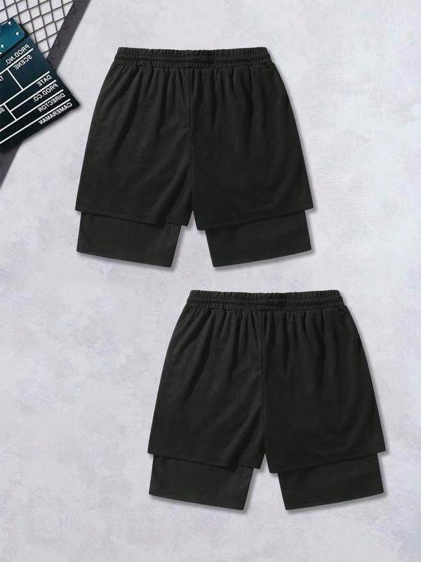 Men's 2 in 1 Cross & Letter Print Drawstring Waist Shorts, Loose Casual Pocket Elastic Waist Track Shorts for Summer, Fashion Men's Bottoms for Daily Wear