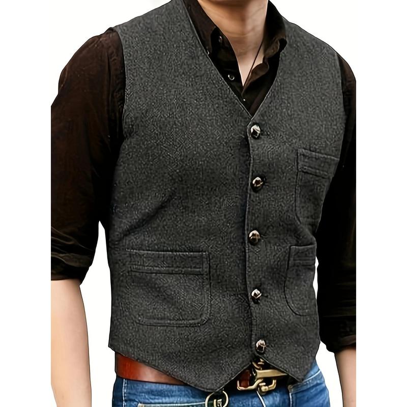 Man Vintage Tweed Suit Vest V Neck Casual Wool Waistcoat for Wedding Groomsmen Menswear Tops Menswear Tops Beige Plain