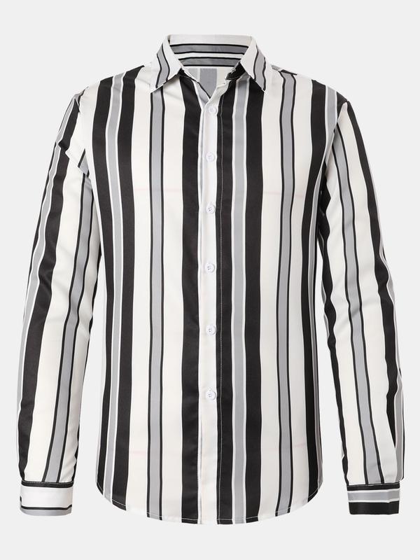 Men's Striped Print Button Front Shirt, Regular Fit Casual Long Sleeve Collared Top for Spring & Fall, Men's Clothes for Daily Wear