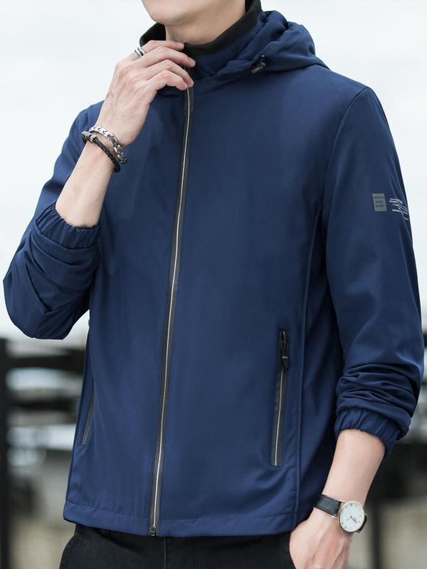 Men's Zipper Pocket Hooded Windbreaker Jacket, Classic Regular Fit Long Sleeve Jackets, Menswear Longsleeves Going Out Outfit for Spring & Fall