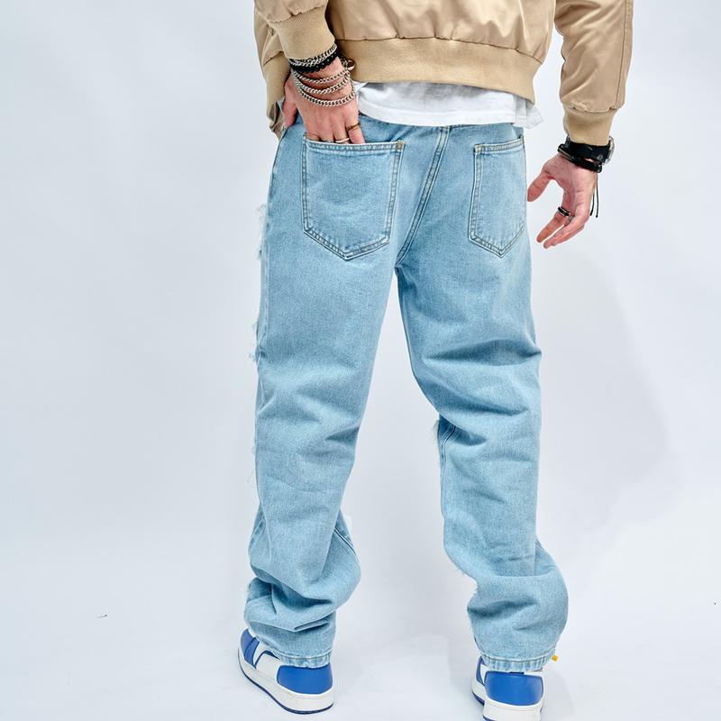 Wide-leg Men's Jeans Men Stylish Hip Hop Ripped Patch Loose Fit Jeans Pants Streetwear Male Casual Straight Denim Trousers Menswear Underwear Human Pocket solid Beige Plain