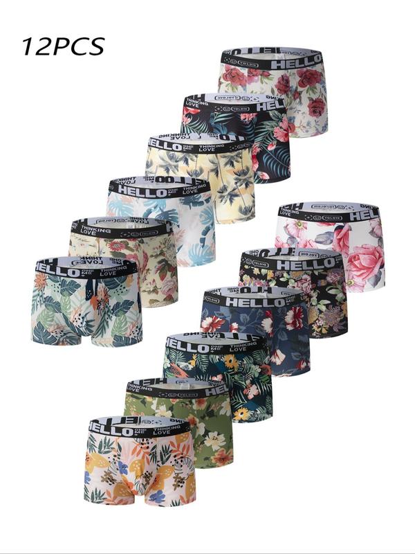 Men's Floral & Leaf Print Letter Tape Boxer Brief, Breathable Comfortable Underwear for Daily Wear, Casual Men's Underwear for All Seasons