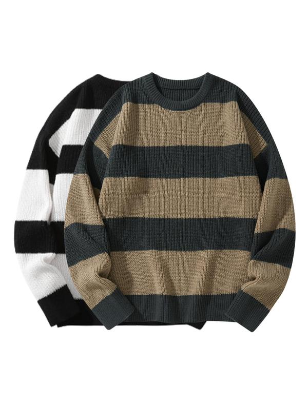 Men's 2pcs Striped Print Drop Shoulder Sweater, Regular Fit Casual Long Sleeve Round Neck Jumper for Fall & Winter, Men's Knitwear for Daily Wear