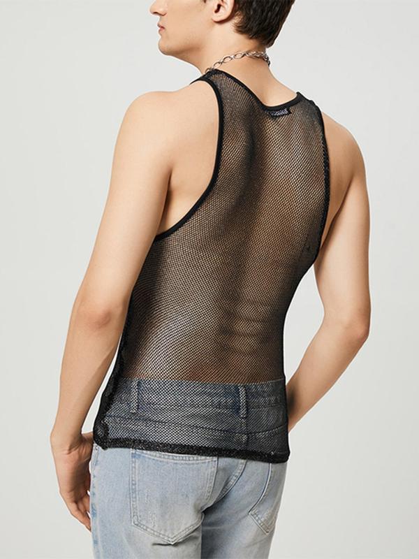 Men's Slim Plain Sheer Mesh Tank Top, Casual Sleeveless Round Neck Top for Summer, Fashion Men's Clothes for Daily Wear