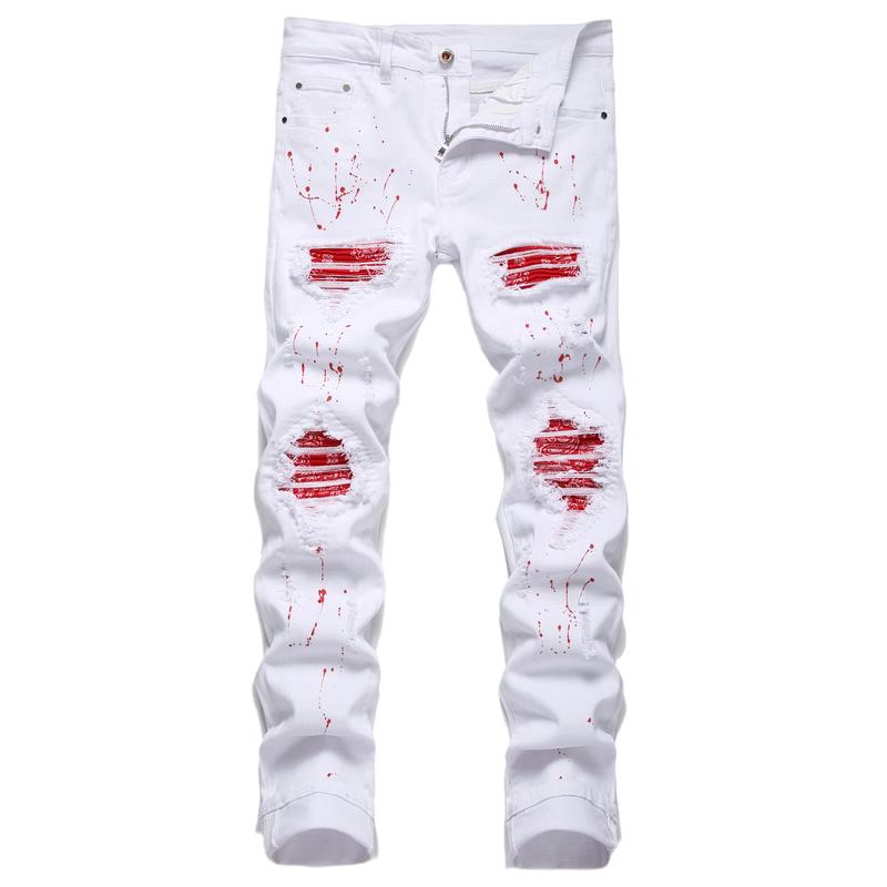 Men's Patch Ripped Stretch Regular Slim Fit Jeans