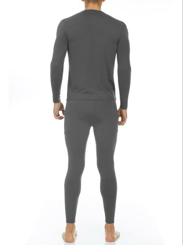 Men's Solid Long Sleeve Thermal Underwear Set, Casual Comfy Warm Round Neck Top & Pants Set for Fall & Winter, Men's Sleepwear for Indoor Wear