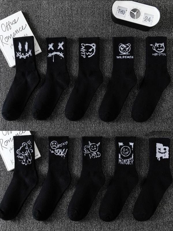 Men's Cartoon Face Print Crew Socks, Casual Moisture Wicking Mid-calf Socks, Summer Outdoor Socks, 10 Pairs Soft Comfy Breathable Socks for All Seasons Daily Wear, Menswear