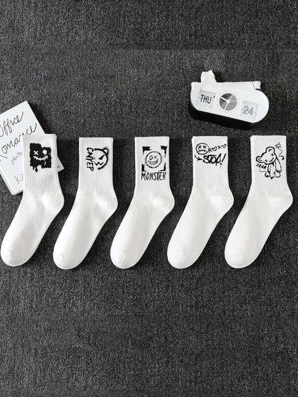 Men's Cartoon Face Print Crew Socks, Casual Moisture Wicking Mid-calf Socks, Summer Outdoor Socks, 10 Pairs Soft Comfy Breathable Socks for All Seasons Daily Wear, Menswear