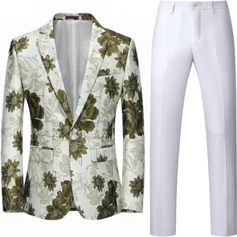 Mens 2 Piece Floral Dress Suit One Button Dinner Tuxedo Jacket & Pants Luxury Printed Wedding Blazer